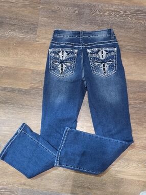 Juniors Dark Blue Boot Cut Jeans with Jewels Back Pockets